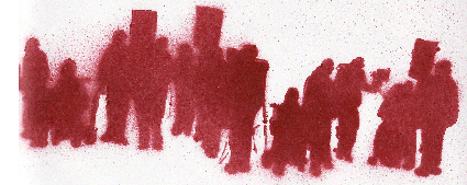 Stencil of a crowd of protestors. Several people holding placcards, some standing, some using wheelchairs. Maroon paint on white paper.