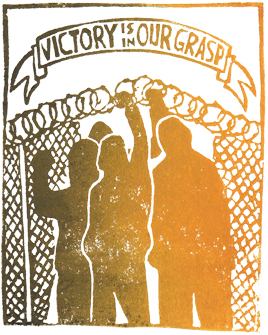 Silhouettes of four people standing in front of a cut open fence while holding the still remaining barbed wire above them so they can pass through it. Banner above them says: 